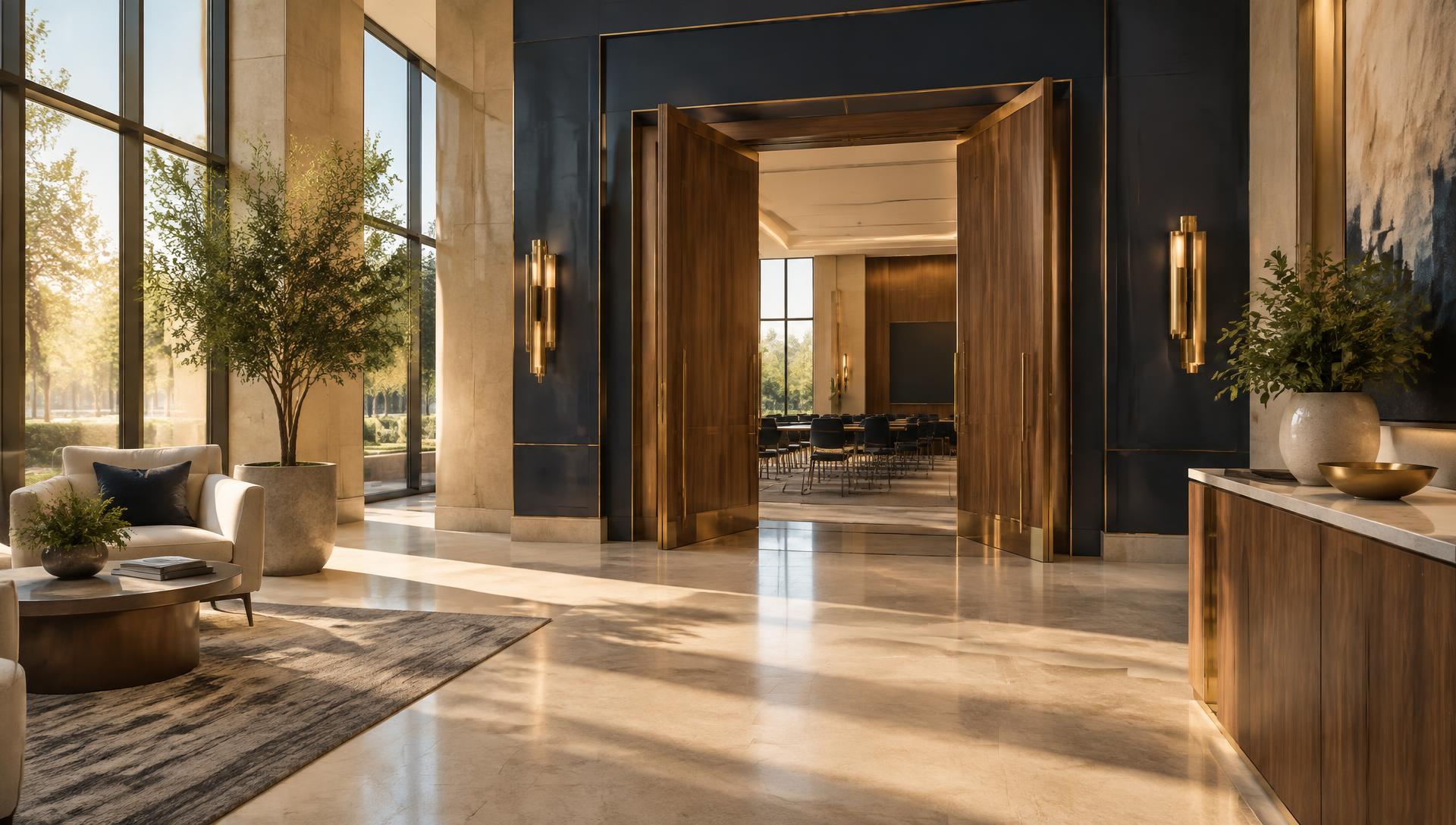 Sunlit academy lobby with walnut doors opening into a classroom