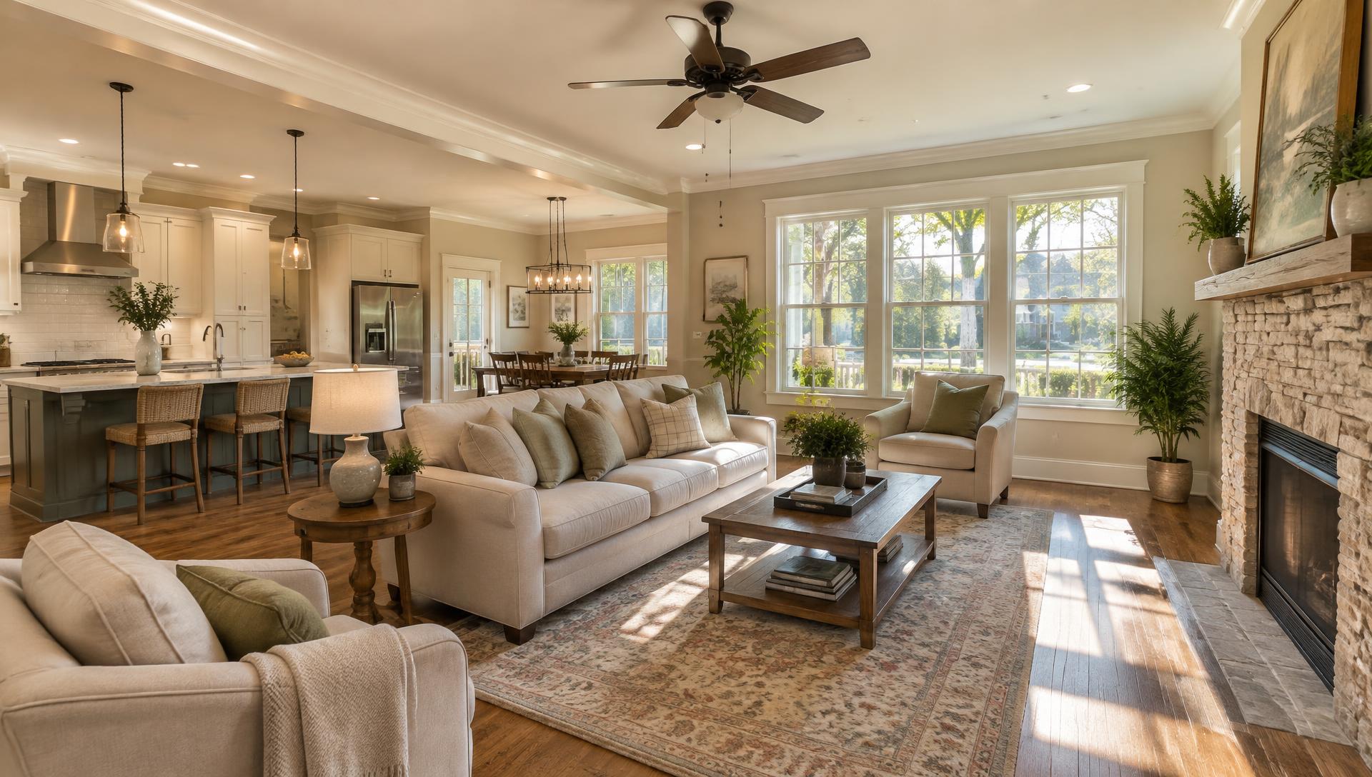 Sunlit living room of a fictional practice home